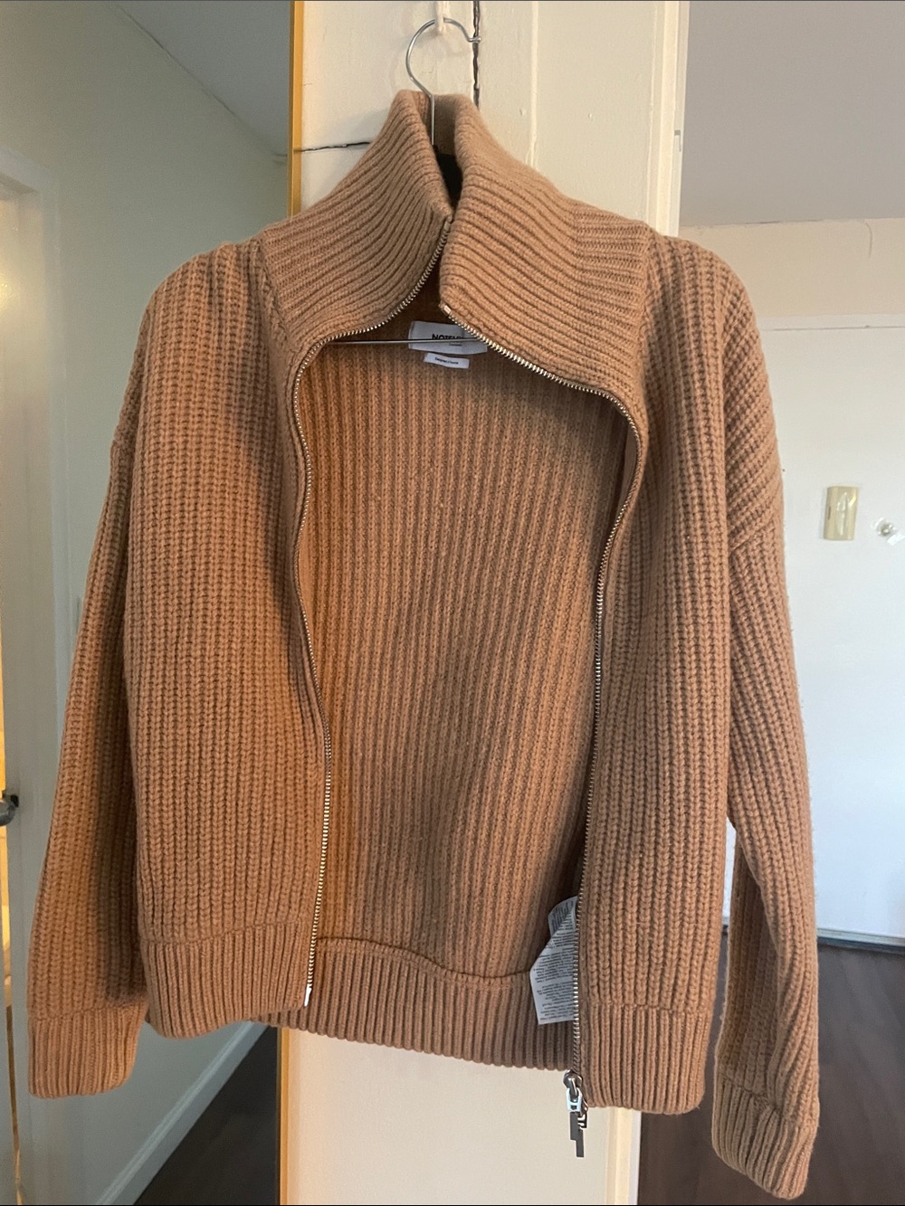 Cashmere Ribbed Zip Cardigan Sweater in Camel